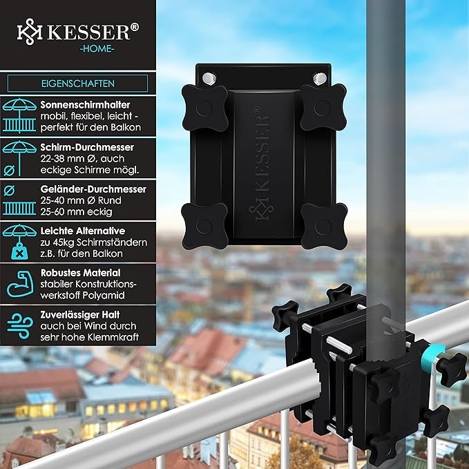 Universalus lauko skėčio tvirtinimas prie balkono turėklo "Kesser"